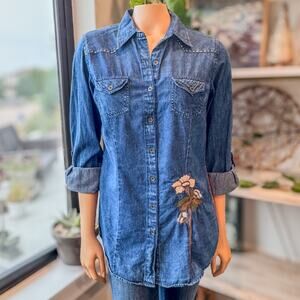 Lola P. Embroidered Denim Studded Western Shirt w/ Red Floral Back Panel-Medium